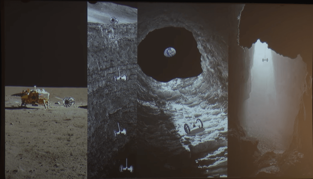 Four panels from a video presentation on the Moon Diver concept. From left to right: Rover is deployed from the lander, rover rappels down the hole, with Earth in the background, the rover hanging free as it's lowered to the floor. Though the concept was developed to explore the Moon, something similar would likely work on Mars. Image Credit: KISSCaltech