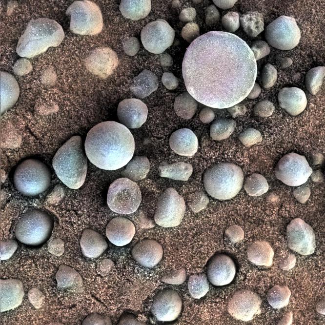 This image shows the "blueberry" formations of hematite that are similar to those seen in a recent image from Curiosity.
