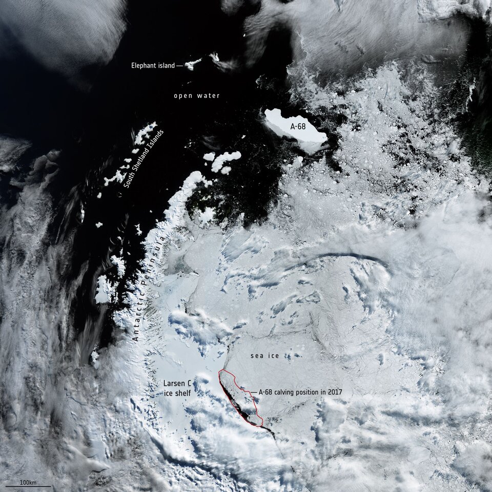 Iceberg A68-A in February 2020. This wider view puts the iceberg's journey into context. Image Credit: ESA/Copernicus Sentinel-3.