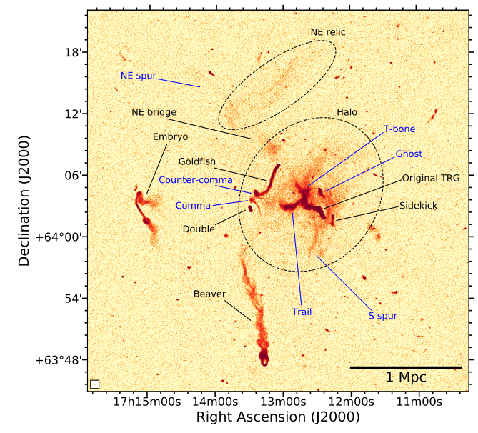 The LOFAR image of Abell 2255 with features named. The features with black labels were previously known, but the features with blue labels were newly-identified in this study. Image Credit: Botteon et al, 2020.