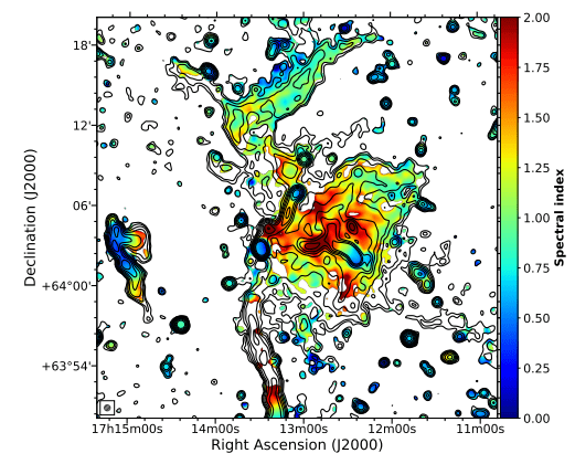 A spectral index map of the central radio emission in Abell 2255. These maps show how dependent radiation flux density is on radiation frequency. Image Credit: Botteon et al, 2020. 