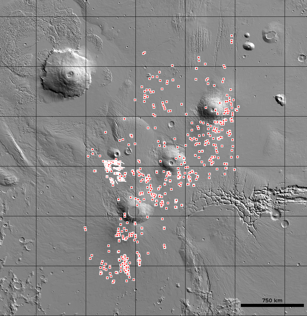 This is a map of lave cave candidates in the post-volcanic Tharsis Region on Mars. Image Credit: USGS/Mars Global Cave Candidate Catalog.