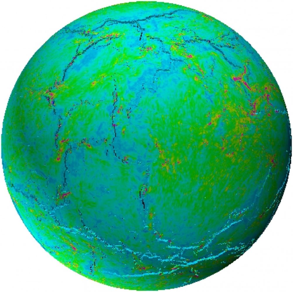 A snapshot of a model from the new work, showing the late stages of growth and coalescence of a new global fracture network. Fractures are in black / shadow, and colors show stresses (pink color denotes tensile stress, blue color denotes compressive stress). Image Credit: Tang et al, 2020.