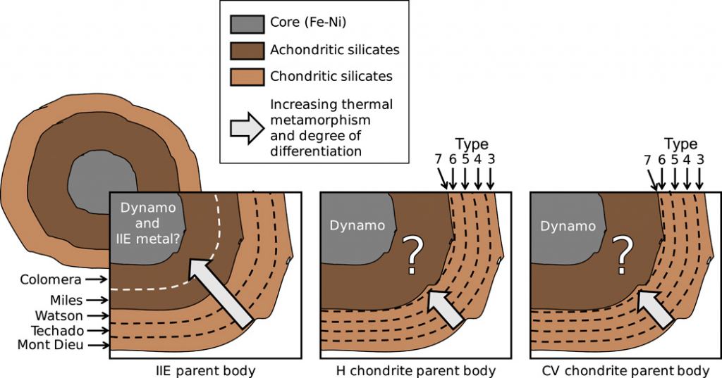 This figure from the study shows how IIE meteorites contain evidence for all the expected layers of a partially differentiated body. The Colomera, Miles, Watson, Techado, and Mont Dieu meteorites are all IIE iron meteorites. For a more detailed explanation, see the study. Image Credit: Maurel et al, 2020.