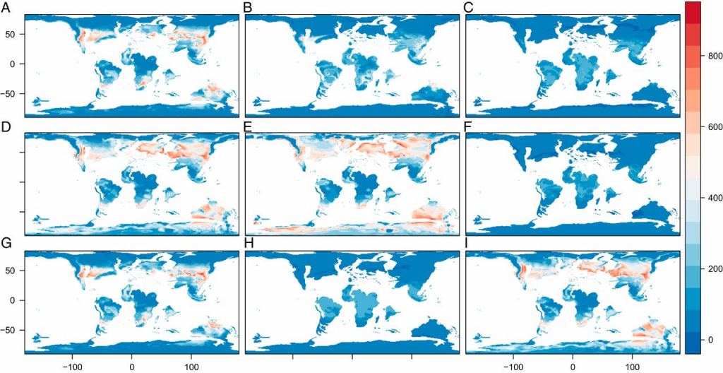 This figure from the study shows results from different global climate model simulations the researchers performed. They show habitat suitability for nine different clades of non-avian dinosaurs. Each panel shows a different amount of solar dimming, greenhouse effect, and other factors. Blue areas are low levels of habitat suitablity, and yellow to red represents higher levels of habitat suitability. Panel A is a baseline that represents the climate post-inpact. Panels D, E, and I represent different volcanically-induced climate warming scenarios. Image Credit: Chiarenza et al, 2020.