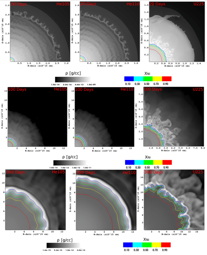 A figure from the study. The team simulated three types of hypernovae, represented by the three columns. The rows are snapshots from the simulation at 20, 100, and 300 days. The red line in each image represents the shell of the hot Ni-56 bubble. The simulations showed that the expansion of the Ni-56 bubble doesn't cause any mixing.  The mixing in the U225 progenitor star, far right, is due to instabilities from the reverse shock. Image Credit: Chen et al, 2020. 