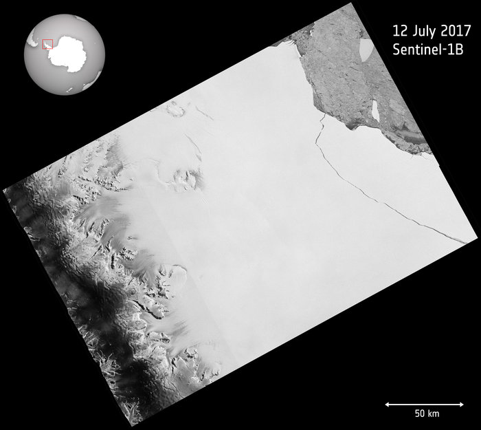This image from July 12th 2017 shows A68 as it broked off from the Larsen Ice Shelf. Image Credit: Modified Copernicus Sentinel data (2017), processed by ESA.
