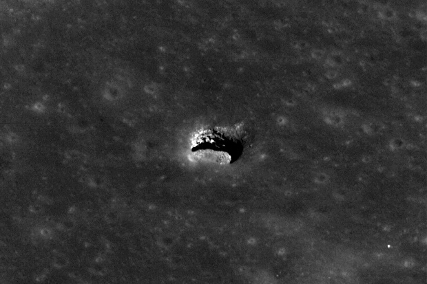The collapsed sklyight on a lava tube in the Moon's Marius Hills region, as imaged by NASA's Lunar Reconnaissance Orbiter. Image Credit: NASA/GSFC