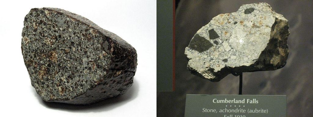 Two types of meteorites: on the left is the NWA 869 meteorite, a chondrite. On the right is the Cumberland Falls meteorite, an achondrite. Their appearances are much different. Image Credit: Left:  By H. Raab (User:Vesta) - Own work, CC BY-SA 3.0, https://commons.wikimedia.org/w/index.php?curid=226918. Image Credit: Right: By Claire H. - originally posted to Flickr as Stone Achondrite (Aubrite) Meteor, CC BY-SA 2.0, https://commons.wikimedia.org/w/index.php?curid=10389394