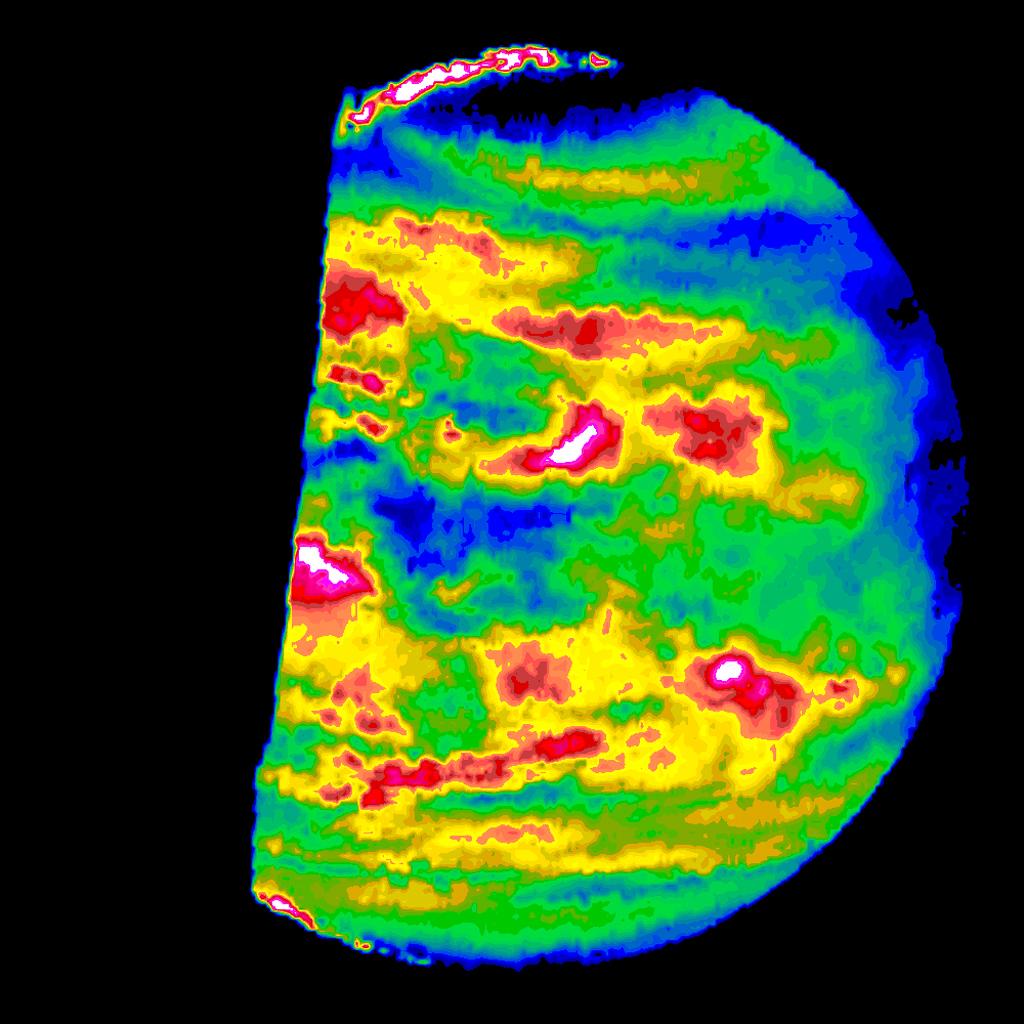 False color image of Venus showing hotspots in the infrared spectrum that could result from temperature spikes in the area.
