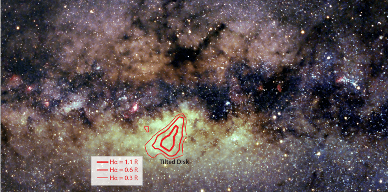 The researchers used the Wisconsin H-alpha Mapper, or WHAM, telescope to measure the emission of visible light from hydrogen in a disk-shaped region tilted beneath the plane of the Milky Way, highlighted in red. DHANESH KRISHNARAO/MILKY WAY IMAGE BY AXEL MELLINGER