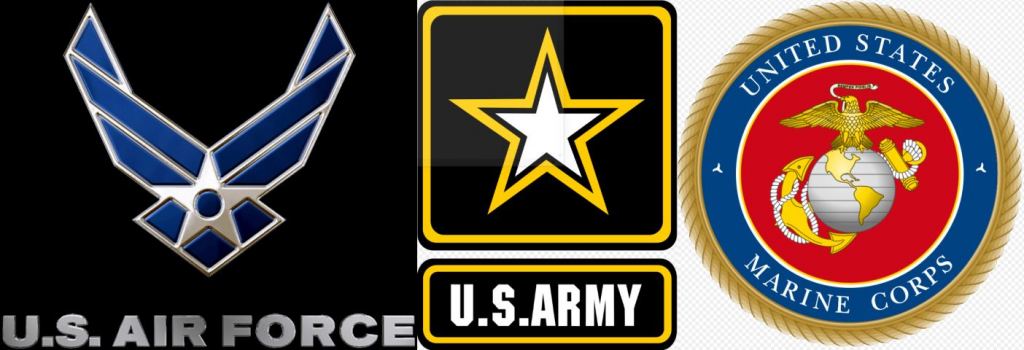 The official logos of the US Air Force, the US Army, and the emblem of the US Marine Corps. Image Credits: USAF, US Army, US Marines. 