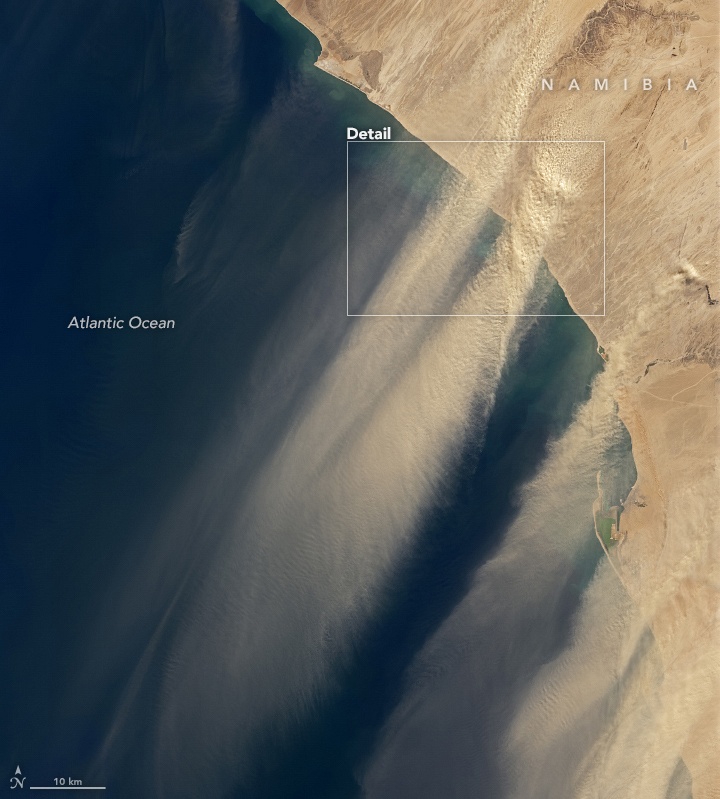 The berg winds carrying sand out over the Atlantic Ocean. The small town is called Walvis Bay. Image Credit: USGS/Landsat 8/OLI