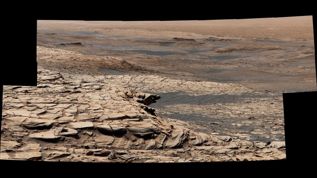 This is a composite image that Curiosity took on top of the Greenheugh Pediment that shows a few of the features talked about in the article.