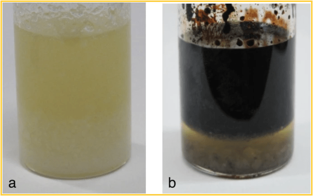 The analog precometary organic matter before the experiment (L) and after (R.) Image Credit: Nakano et al, 2020.