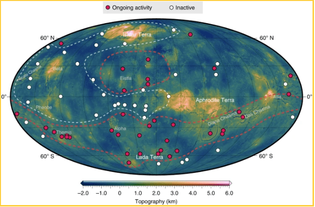 A global projection of the surface of Venus from the study. Active (red) coronae features are clustered on the surface. Image Credit: Gulcher et al, 2020.