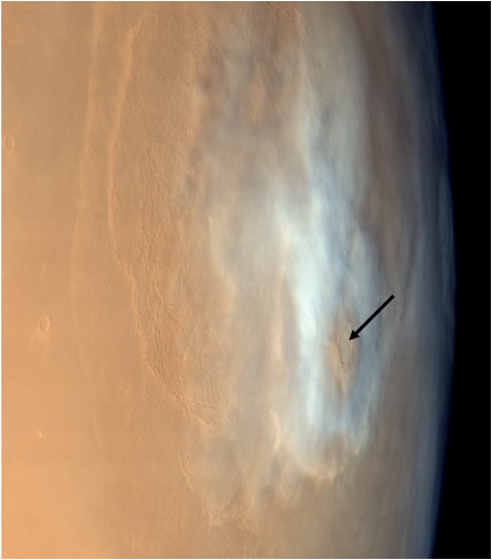 his image from India's Mars Orbiter Mission shows clouds forming around the massive Olympus Mons. This image was captured with the orbiter's Mars Colour Camera. Image Credit: ISRO