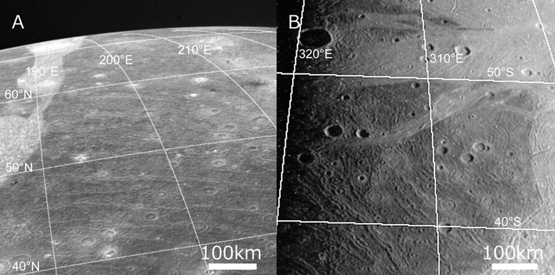 Side by side images of Ganymede's surface from Voyager 2 (left) and Galileo (right). The image shows the dark and light terrain types that cover the moon, and the concurrent furrows present in these Dark Terrains. Image Credit: NASA.