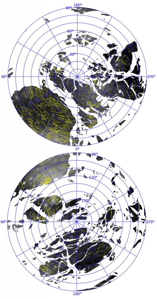 Above: Azimuthal equidistant map centered at 20° south 180° west showing Ganymede’s Dark Terrain and furrows (indicated by yellow lines).
Below: Azimuthal equidistant map of Ganymede’s surface centered at 20° north and 0° west. This shows the opposite hemisphere of Ganymede to the top image. The white areas indicate Bright Terrain. (Image credit: NASA)