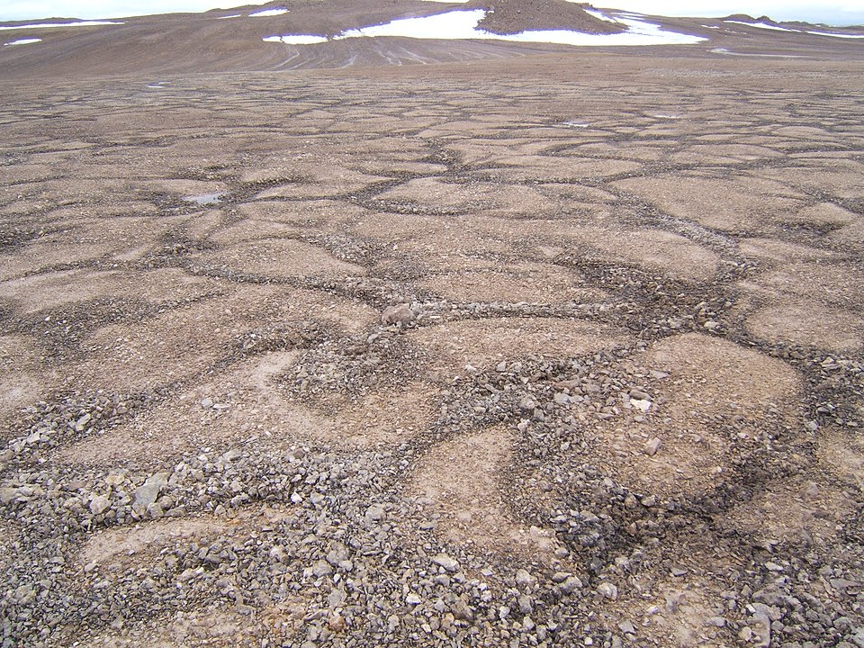Patterned permafrost on Devon Island. The island is of interest to scientists, and is a good analog for Mars. Devon Island motivated the authors to study Martian riverbeds. Image Credit: By Anthonares - Own work, CC BY-SA 3.0, https://commons.wikimedia.org/w/index.php?curid=4121602