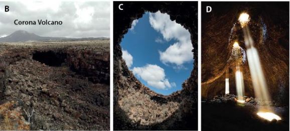 The Corona Volcano on Lanzarote in the Canary Islands. It features lava tubes and skylights that mimic conditions on Mars. Image Credit: Pozzobon et al, 2020.