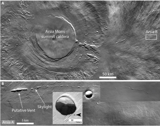 This figure from the study shows some tubes, vents, and skylights on the Arsia Mons volcano on Mars. Image Credit: Pozzobon et al, 2020. 