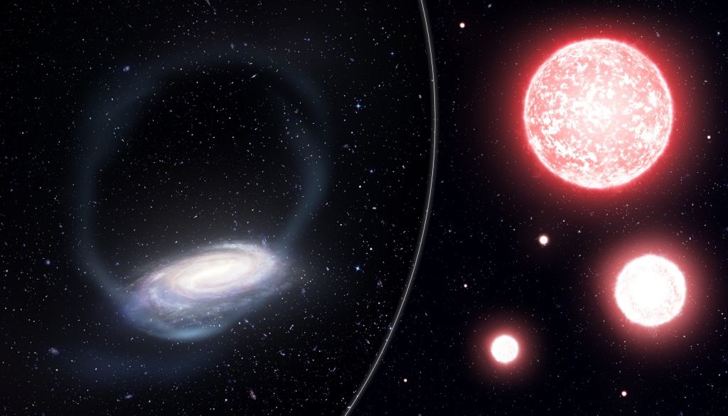 Artist's impression of the thin stream of stars torn from the Phoenix globular cluster, wrapping around our Milky Way (left). Red giant stars make up a significant portion of the stream and helped astronomers map it. Credit: James Josephides (Swinburne Astronomy Productions) and the S5 Collaboration.