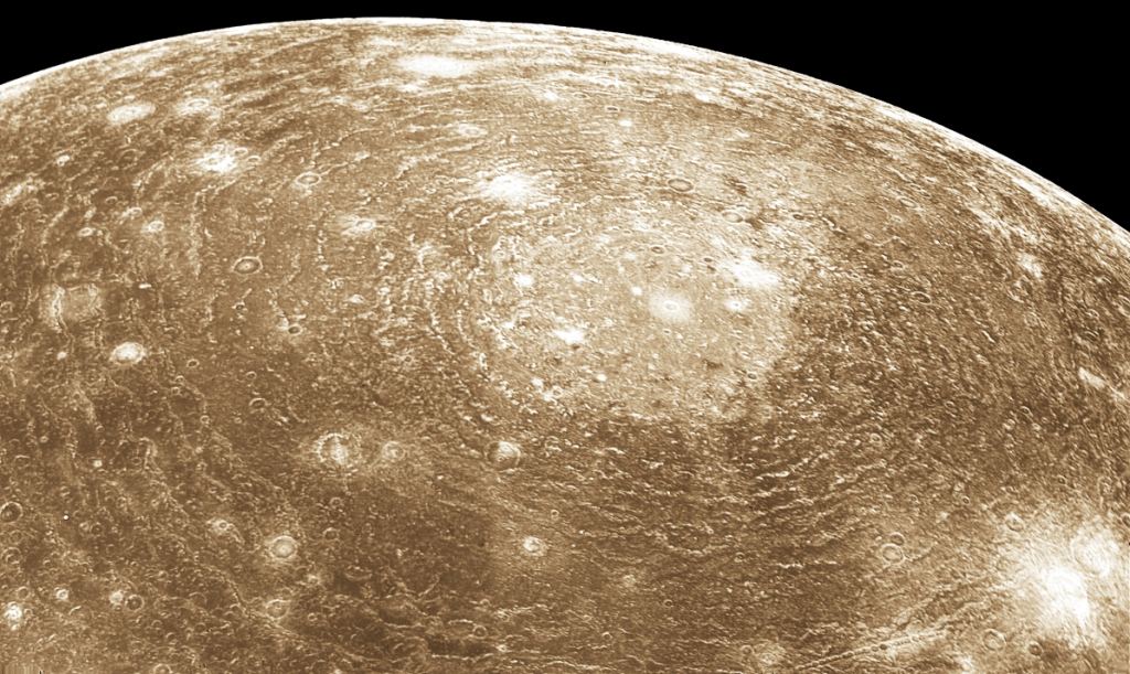 The Valhalla Crater on Jupiter's moon Callisto. At about 1900 km in radius, Valhalla was the largest multi-ring crater in the Solar System, until the one on Ganymede was discovered. Image Credit: Public Domain, https://commons.wikimedia.org/w/index.php?curid=154718