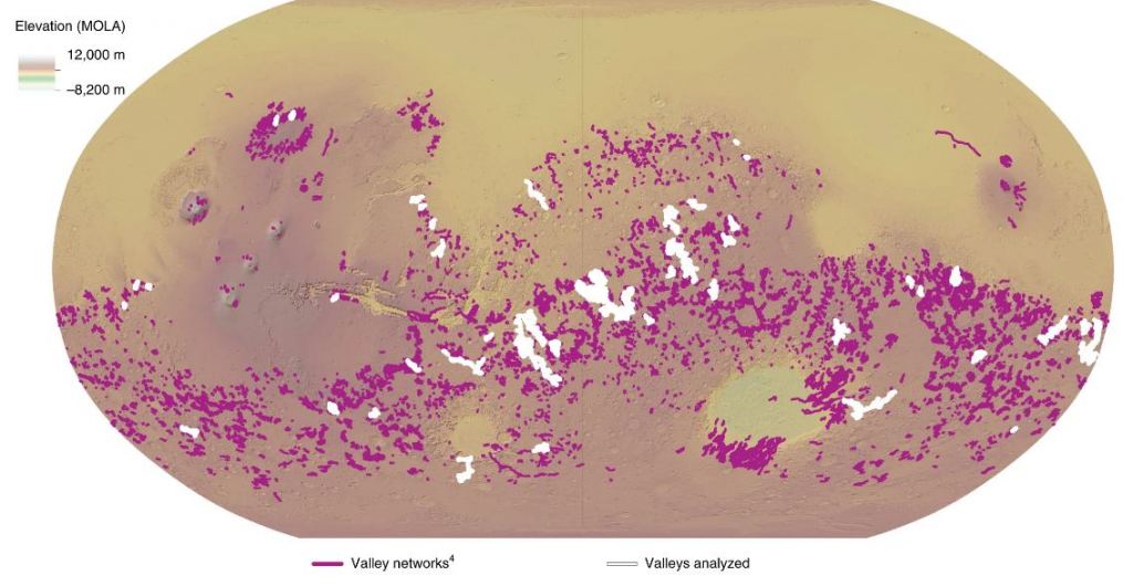 Most of Mars' valleys are in the southern hemisphere highlands. The authors analyzed 10,276 individual valley systems in 66 valley networks. Click to Enlarge. Image Credit: Galofre et al, 2020.