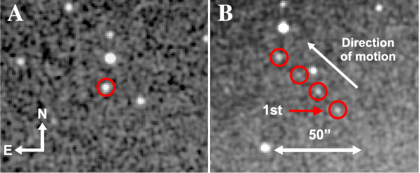 This figure from the study shows some of the images of 2020 AV2. (A) Discovery 30 s r-band image of 2020 AV2 taken on 2020 January 4 UTC where 2020 AV2 is the detection located in the circle. (B) Composite image containing the four discovery 30 s r-band exposures covering 2020 AV2 made by stack on the rest frame of the background stars over a 22 minute time interval. The first detection has been labeled. The asteroid was moving ?1 degree per day in the northeast direction while these images were being taken resulting in a ?15 arcseconds spacing between the detections of 2020 AV2. Image Credit: Ip et al, 2020.