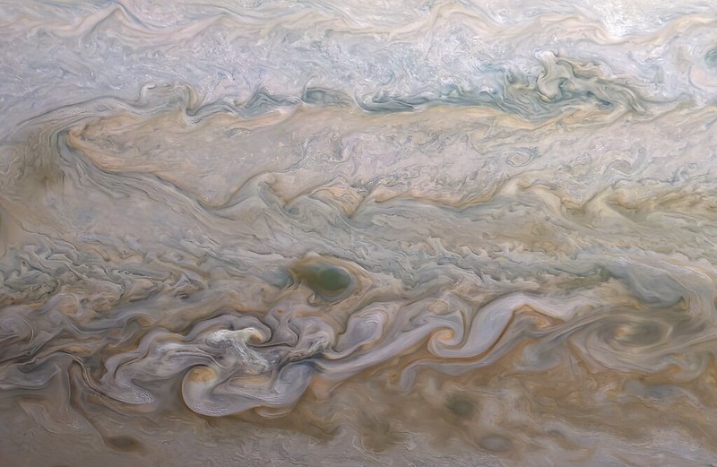 This is one of Kevin Gill's processed images of Jupiter from the Juno mission. <Click to Enlarge> It emphasizes the turbulent, swirling upper atmosphere of the gas giant. Image Credit: NASA/JPL-Caltech/SwRI/MSSS/Kevin M. Gill