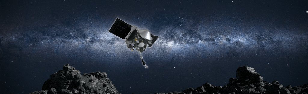 An artist's illustration of NASA's OSIRIS-REx spacecraft approaching asteroid Bennu with its sampling instrument extended. Image Credit: NASA/Goddard/University of Arizona