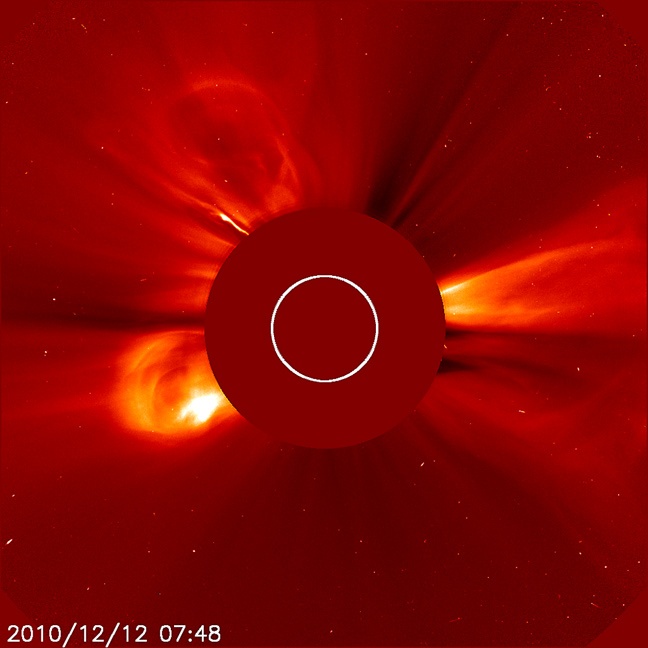 Coronographs block out the light from a star, making it easier to study things near the star. This is an image of the Sun from NASA's Solar and Heliospheric Observatory (SOHO). The coronagraph allowed SOHO to observe three coronal mass ejections despite the blinding light from the sun. Image Credit: NASA/GSFC/SOHO