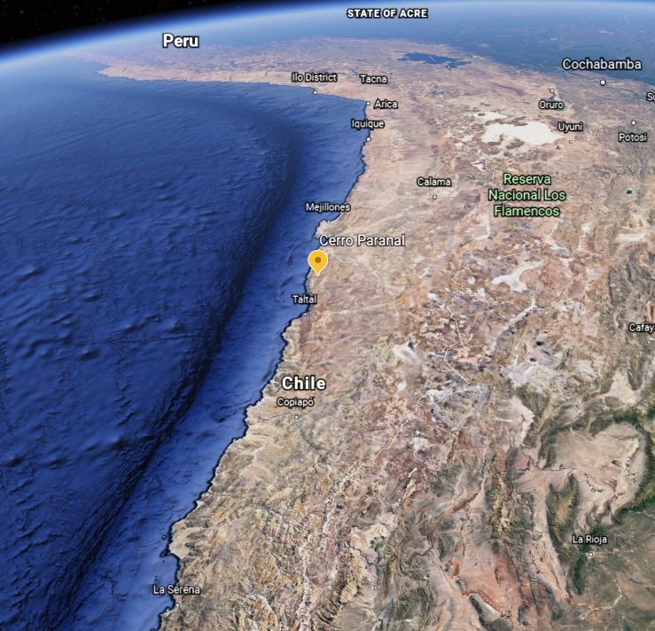The Cerro Paranal Observatory, where the VLT sits, is at the interface between the Andes and the Chilean Coastal Range. Image Credit: Google Earth.