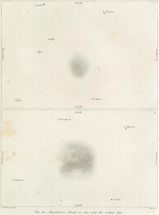 Herschel's drawing of the Large and Small Magellanic Clouds. In the drawing he calls them the Magellanic Clouds, but in the text he uses the scientific names. Herschel, London, 1847.