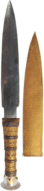 Tutankhamen's meteorite iron dagger and ornamental gold sheath. Image Credit: By Source (WP:NFCC#4), Fair use, https://en.wikipedia.org/w/index.php?curid=50732334. Copyright: Howard Carter, Daniela Comelli1, Massimo D'orazio, Luigi Folco, et al.