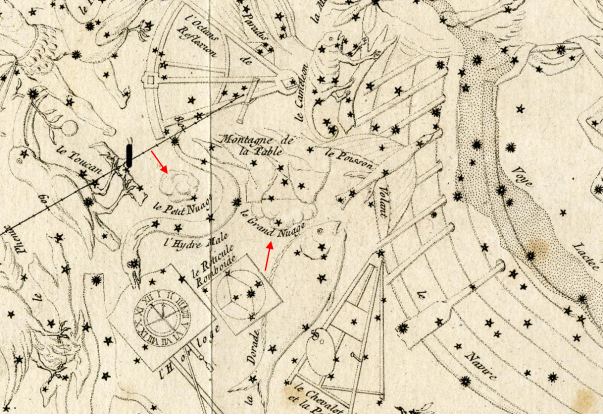 Enlargement of La Caille's map of 1752, showing the 2 Clouds (red arrows;
Paris Observatory.)