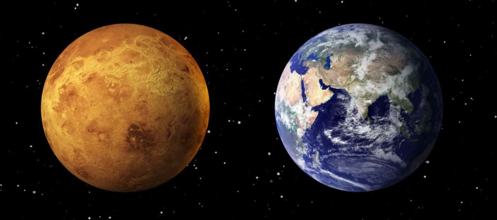 Para los astrónomos distantes, puede parecer que tanto Venus como la Tierra están ubicados en la zona habitable de nuestro Sol.  Pero sus planetas son diferentes.  Estamos en la misma situación cuando observamos algunos sistemas solares distantes, y medir la polarimetría puede ayudarnos a comprender las diferencias entre los planetas muertos y los planetas que albergan vida.  Crédito de la imagen: Imagen de la Tierra: NASA/tripulación del Apolo 17. Imagen de Venus: NASA