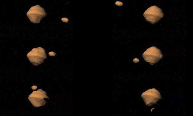 Image showing a binary asteroid with a small asteroid body that rotates around a much larger one.