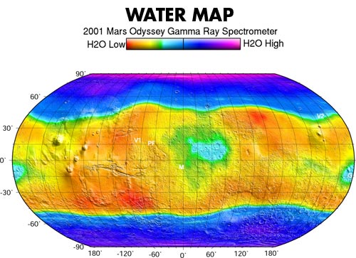 Image of a water map of Mars captured around the turn of the millennium. Shows a significant concentration around the northern and southern poles, primarily in the form of ice.