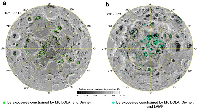 Another map of the Moon's poles that shows probable locations of frozen water.