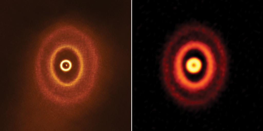 ALMA images of the planet-forming disk with misaligned rings around triple star system GW Orionis. The image on the right is made with ALMA data taken in 2017 from Bi et al. The image on the left is made with ALMA data taken in 2018 from Kraus et al.
Credit: ALMA (ESO/NAOJ/NRAO), S. Kraus & J. Bi; NRAO/AUI/NSF, S. Dagnello