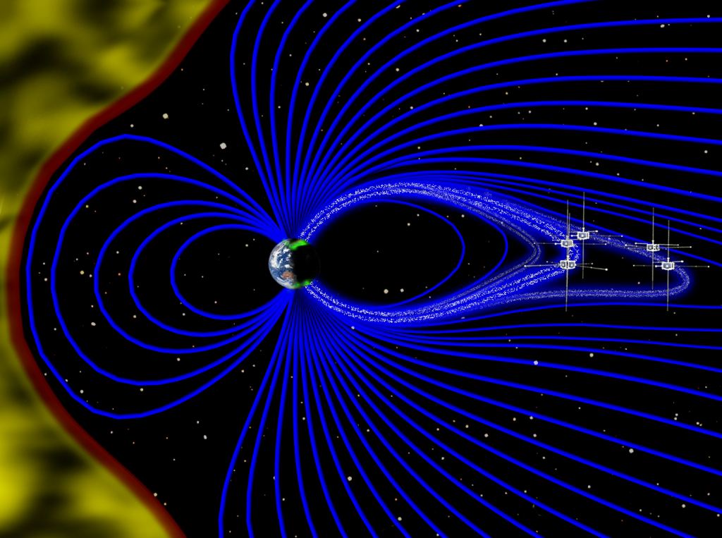 An artist’s rendering (not to scale) of a cross-section of the magnetosphere, with the solar wind on the left in yellow and magnetic field lines emanating from the Earth in blue. In this unstable environment, electrons in near-Earth space, depicted as white dots, stream rapidly down magnetic field lines towards Earth’s poles. There, they interact with oxygen and nitrogen particles in the upper atmosphere, releasing photons and brightening a specific region of the aurora.
Credits: Emmanuel Masongsong/UCLA EPSS/NASA