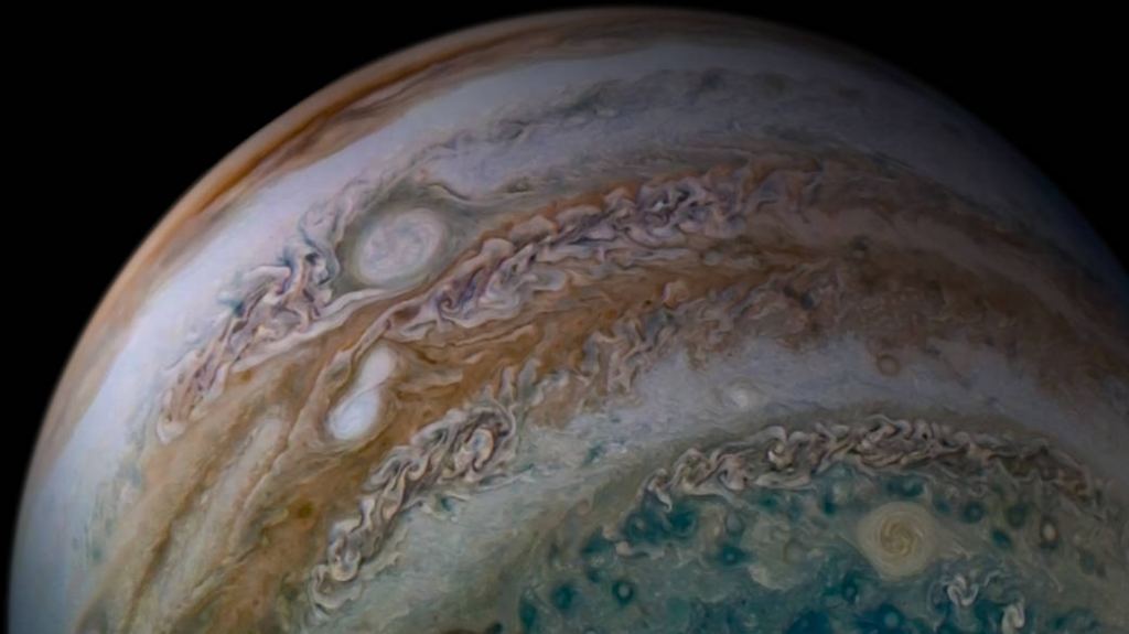 Two of Jupiter's storms merging. Image data: NASA/JPL-Caltech/SwRI/MSSS
Image processing by Tanya Oleksuik, © CC BY