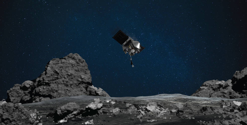 Illustration showing OSIRIS-REx approaching Bennu, as it will in October when it plans to land on the asteroid's surface.