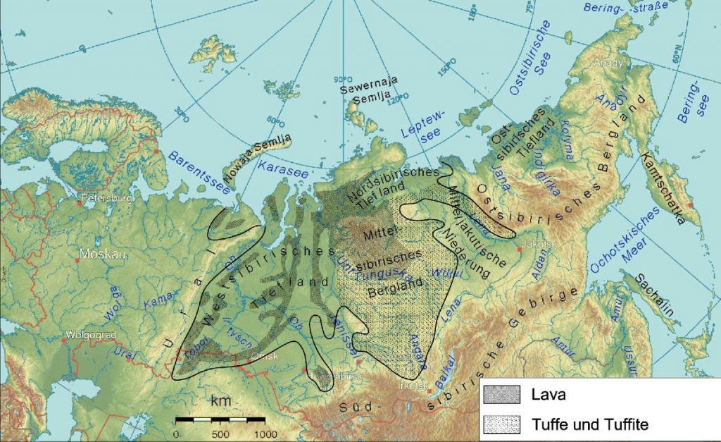 The extent of the Siberian Traps, in German. Image Credit: By derivative work: Jo (talk)Sibirien_topo2.png: Ulamm 21:06, 18 April 2008 (UTC) - Sibirien_topo2.png, CC BY-SA 3.0, https://commons.wikimedia.org/w/index.php?curid=4229776