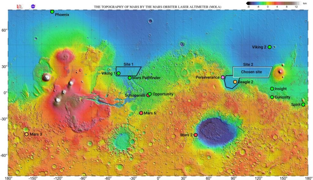 Tianwen-1 will have some company on Mars if it lands successfully. A topological map of Mars with successful landings (green), failure (red), successful landing but loss of the probe (orange), in coming landing (pink), the two pre-selected landing site of Tianwen-1 and the final chosen landing site. Image Credit: By Kaynouky - Own work, CC BY-SA 4.0, https://commons.wikimedia.org/w/index.php?curid=92465784