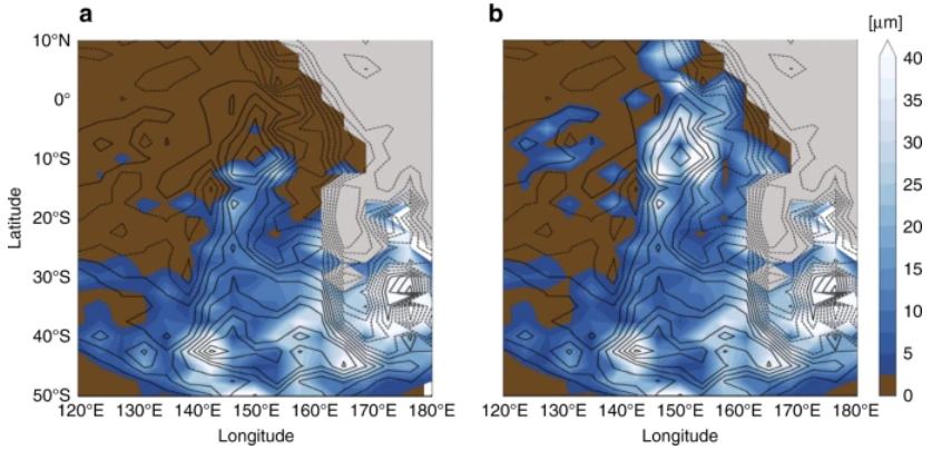 These images from the study show methane snow accumulations in the area highlighted in yellow in the previous image. Brown is volatile-free surface areas, and grey is the frozen nitrogen ice sheet in Sputnik Planitia. From blue to white shows increasing accumulations of methane ice. The image on the right is the same simulation but with increasing albedo affect. The images are from a climate simulation that the researchers ran. Contour lines are 300m. Image Credit: Bertand et al., 2020.
