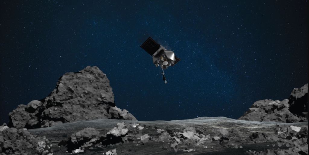 Artist concept of NASA’s OSIRIS-REx spacecraft as it readies itself to touch the surface of asteroid Bennu. 