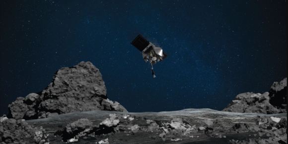 Artystyczna koncepcja statku kosmicznego OSIRIS-REx NASA przygotowującego się do dotknięcia powierzchni asteroidy Bennu.  Misja ta stanowi wczesne wprowadzenie do potencjalnego wydobywania asteroid.  Źródło obrazu: NASA/Goddard/Uniwersytet Arizony